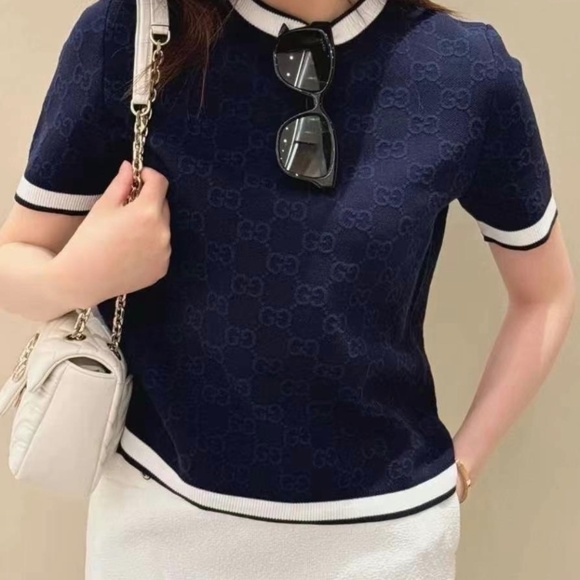 New Gucci 2025 GG Logo Monogram Fine Cotton Jacquard Top in Navy L - Picture 8 of 9